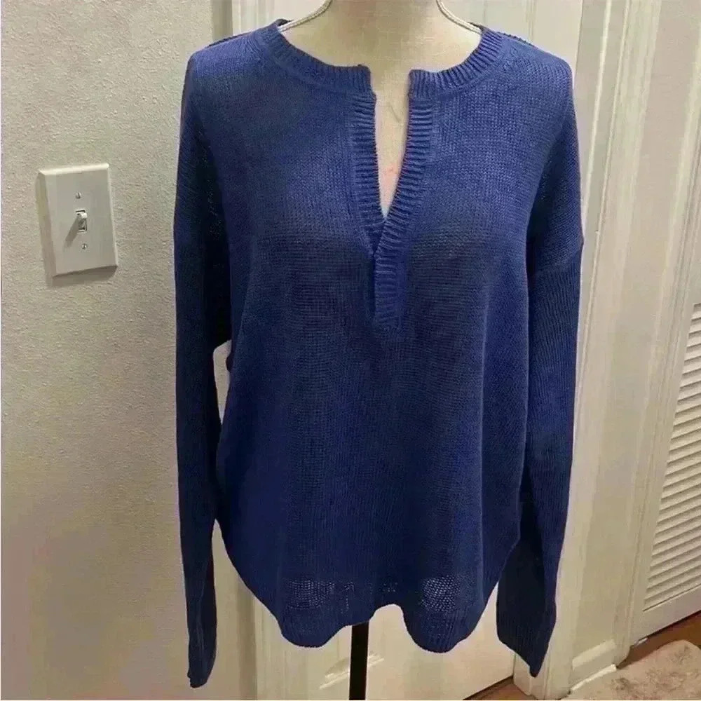 J. Crew sweater 100% Linen v-neck open knit blue long sleeve‎ preppy career fall